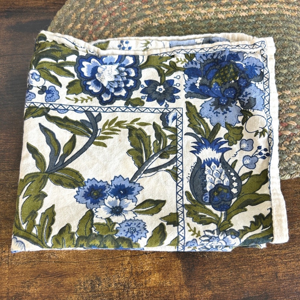 Vintage Floral Block Print Cotton Handkerchief Blue Olive Green Made in India